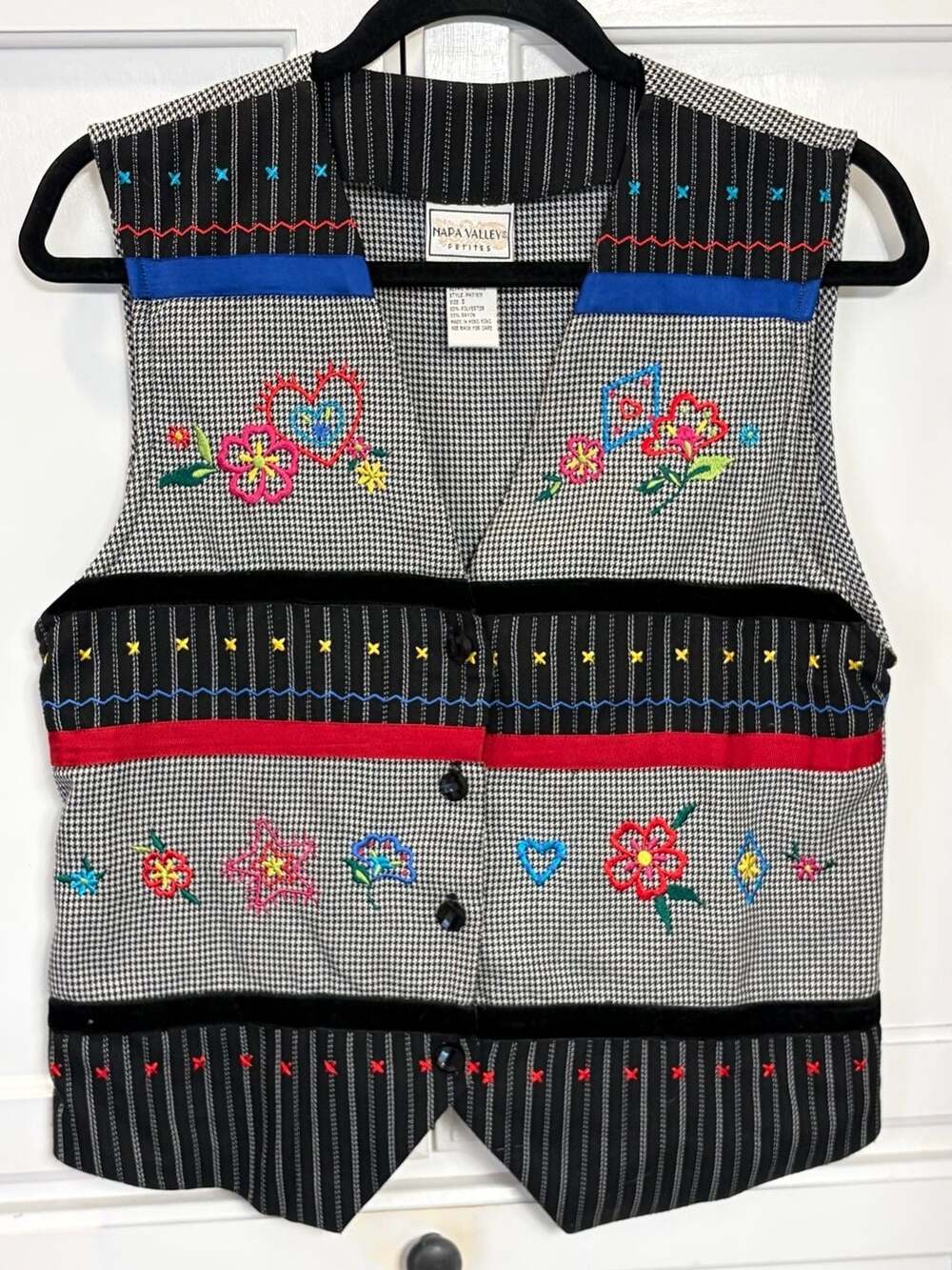 Vintage Napa Valley Petite Embroidered Houndstooth &  Pinstripe Vest Grandmacore